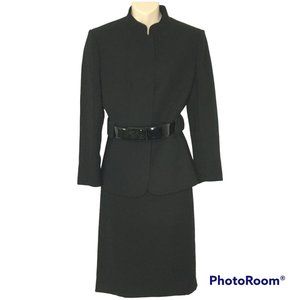 CALVIN KLEIN Black 2-pc Polyester Skirt Suit Faux Leather Belt NWT SIZE 8